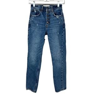 Abercrombie & Fitch High Rise Mom Jeans sz 00 24 Blue Distressed Button Fly